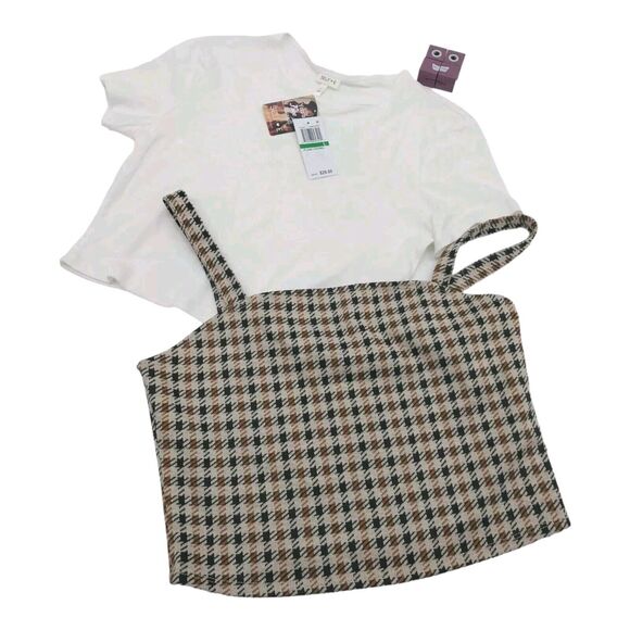 Self Esteem Women's Juniors' Printed Layer-Look Top Beige Large Plaid Coord New - Picture 9 of 16